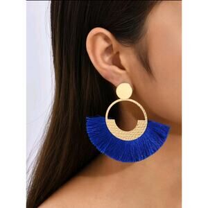 Blue boho tassel geometric drop earrings
